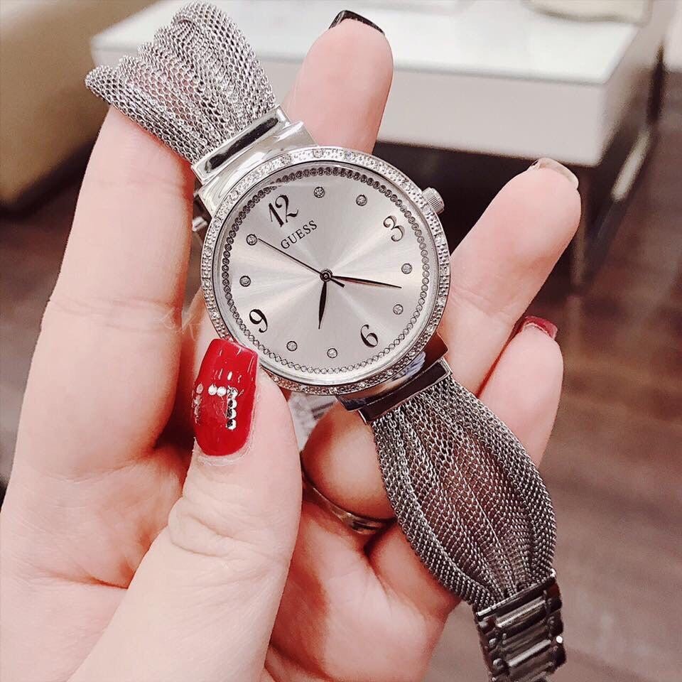  Shop Authentic Guess Chiffon Silver Dial Silver Mesh Bracelet Watch For Women - W1083L1 - Luxxuri