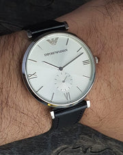  Shop Authentic Emporio Armani Retro Analog Quartz Silver Dial Black Leather Strap Watch For Men - AR1674 - Luxxuri
