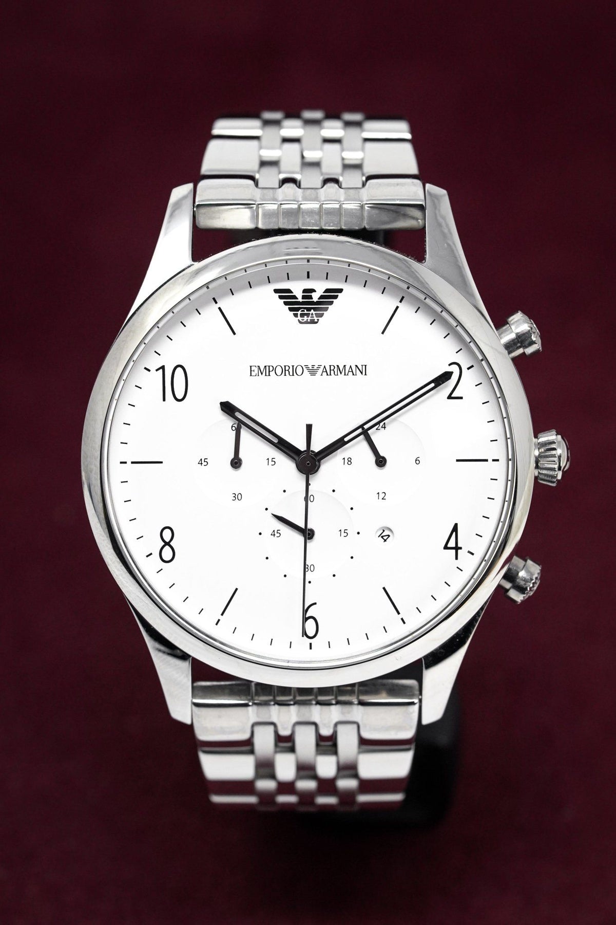  Shop Authentic Emporio Armani Classic Chronograph Silver Dial Silver Steel Strap Watch For Men - AR1879 - Luxxuri