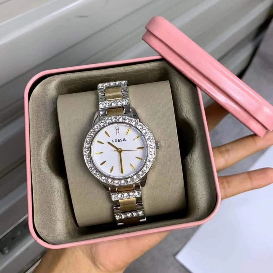  Shop Authentic Fossil Jesse Crystals White Dial Two Tone Steel Strap Watch for Women - ES2409 - Luxxuri