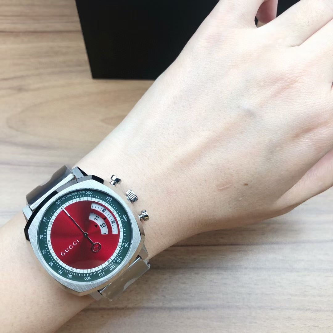  Shop Authentic Gucci Grip Quartz Chronograph Red Dial Silver Steel Strap Watch For Men - YA157303 - Luxxuri