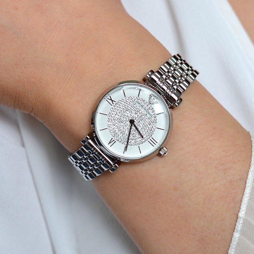  Shop Authentic Emporio Armani Gianni T Bar White Crystal Pave Dial Silver Stainless Steel Strap Watch For Women - AR1925 - Luxxuri