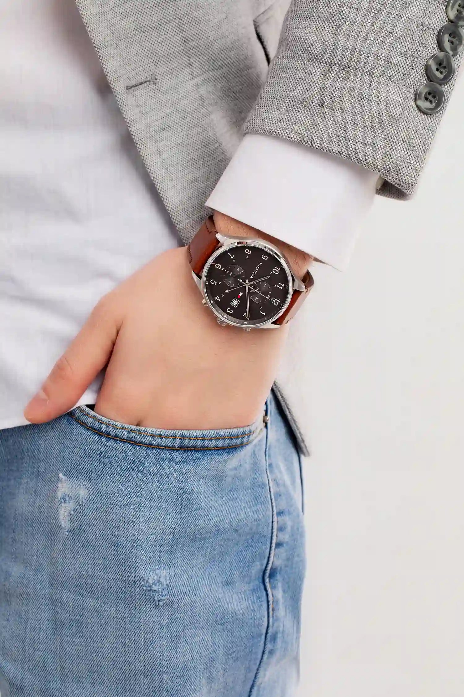  Shop Authentic Tommy Hilfiger West Chronograph Grey Dial Brown Leather Strap Watch For Men - 1791710 - Luxxuri