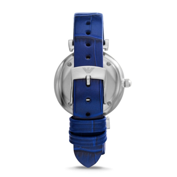  Shop Authentic Emporio Armani Gianni T Bar Quartz Crystals Silver Dial Blue Leather Strap Watch For Women - AR11344 - Luxxuri