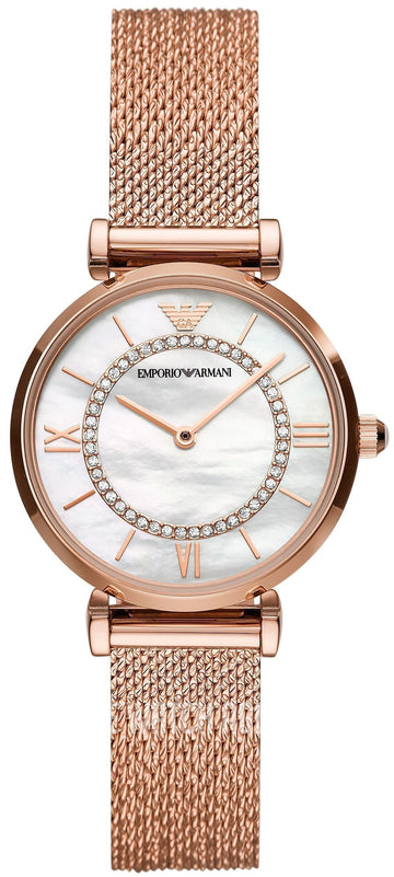  Shop Authentic Emporio Armani Gianni T Bar Mother of Pearl Dial Rose Gold Mesh Bracelet Watch For Women - AR11320 - Luxxuri