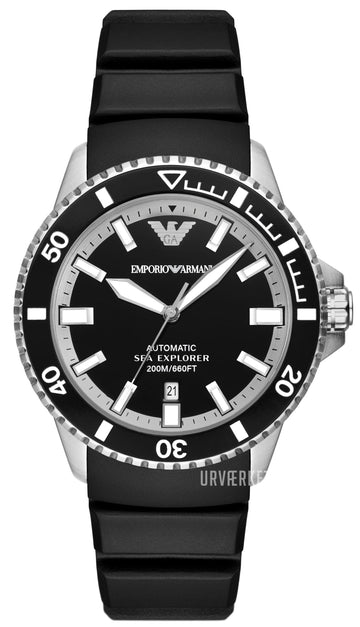 Emporio Armani Sea Explorer Automatic Black Dial Black Silicone Strap Watch For Men - AR60078