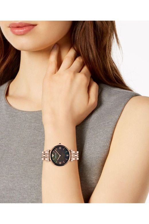  Shop Authentic Emporio Armani Gianni T-Bar Black Dial Rose Gold Strap Watch For Women - AR11145 - Luxxuri
