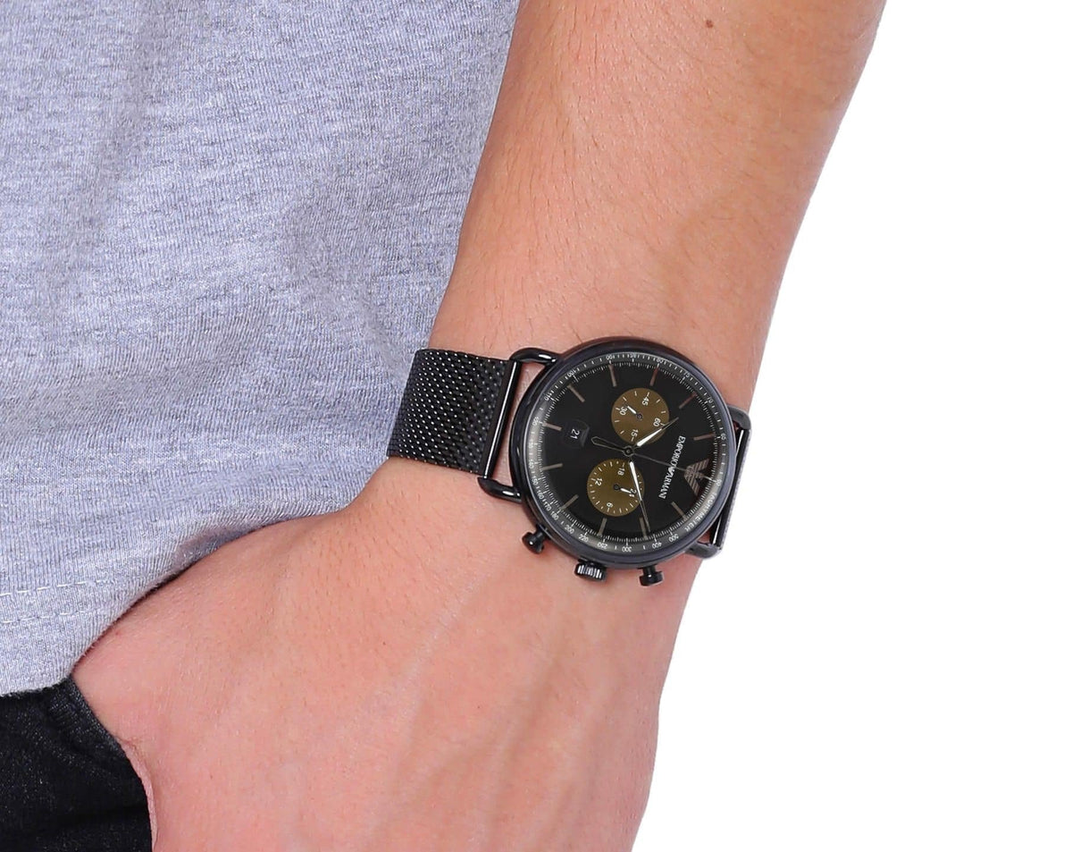  Shop Authentic Emporio Armani Aviator Black Dial Black Mesh Bracelet Watch For Men - AR11142 - Luxxuri