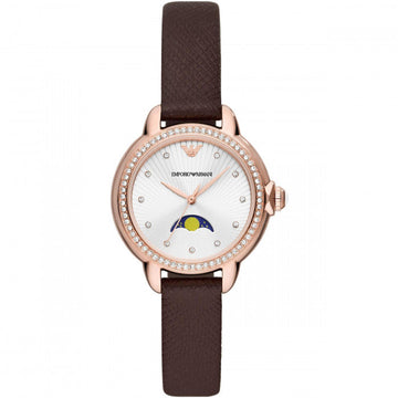 Shop Authentic Emporio Armani Mia Moonphase Silver Dial Brown Leather Strap Watch For Women - AR11568 - Luxxuri