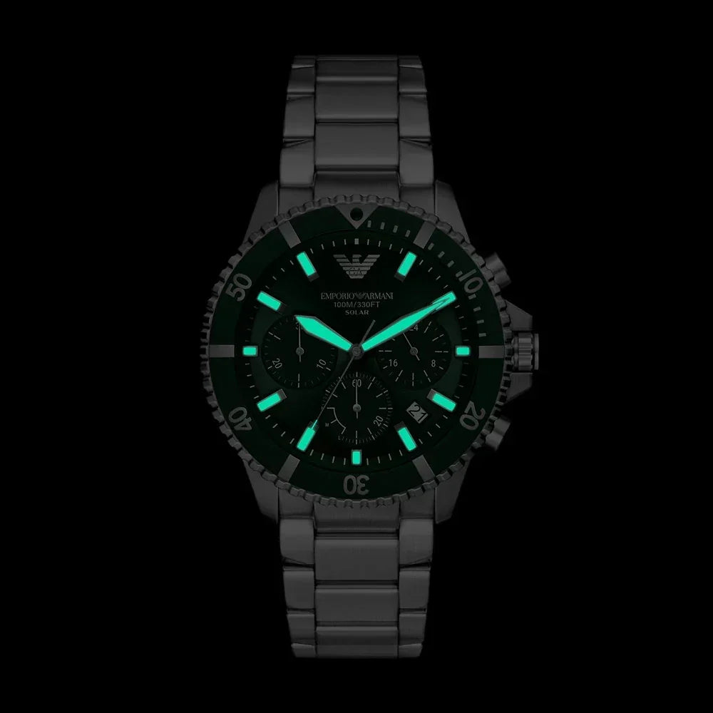 Emporio Armani World Explorer Solar Chronograph Green Dial Silver Steel Strap Watch for Men - AR11741