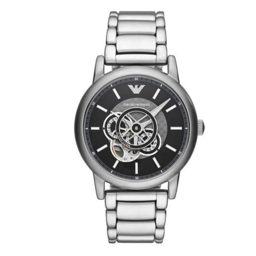  Shop Authentic Emporio Armani Meccanico Automatic Skeleton Black Dial Silver Steel Strap Watch For Men - AR60021 - Luxxuri