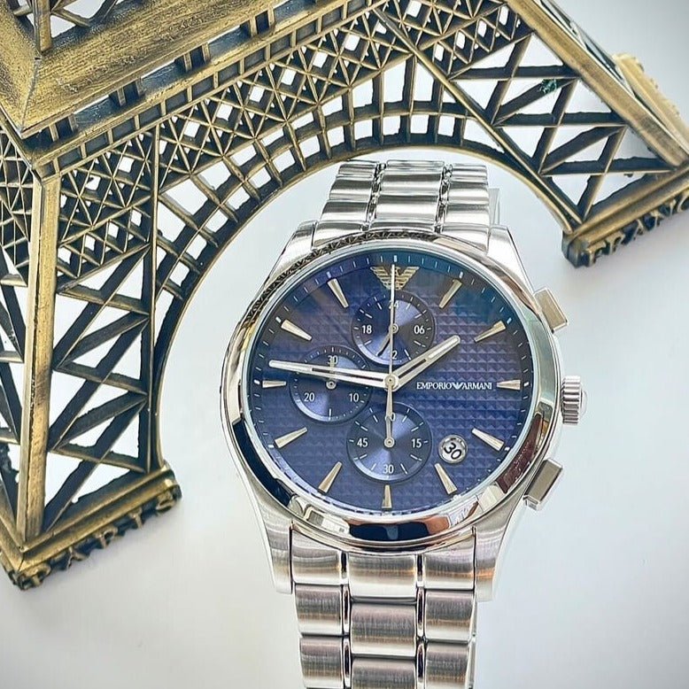  Shop Authentic Emporio Armani Chronograph Blue Dial Silver Steel Strap Watch For Men - AR11528 - Luxxuri