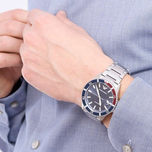  Shop Authentic Emporio Armani Diver Quartz Blue Dial Silver Steel Strap Watch For Men - AR11339 - Luxxuri