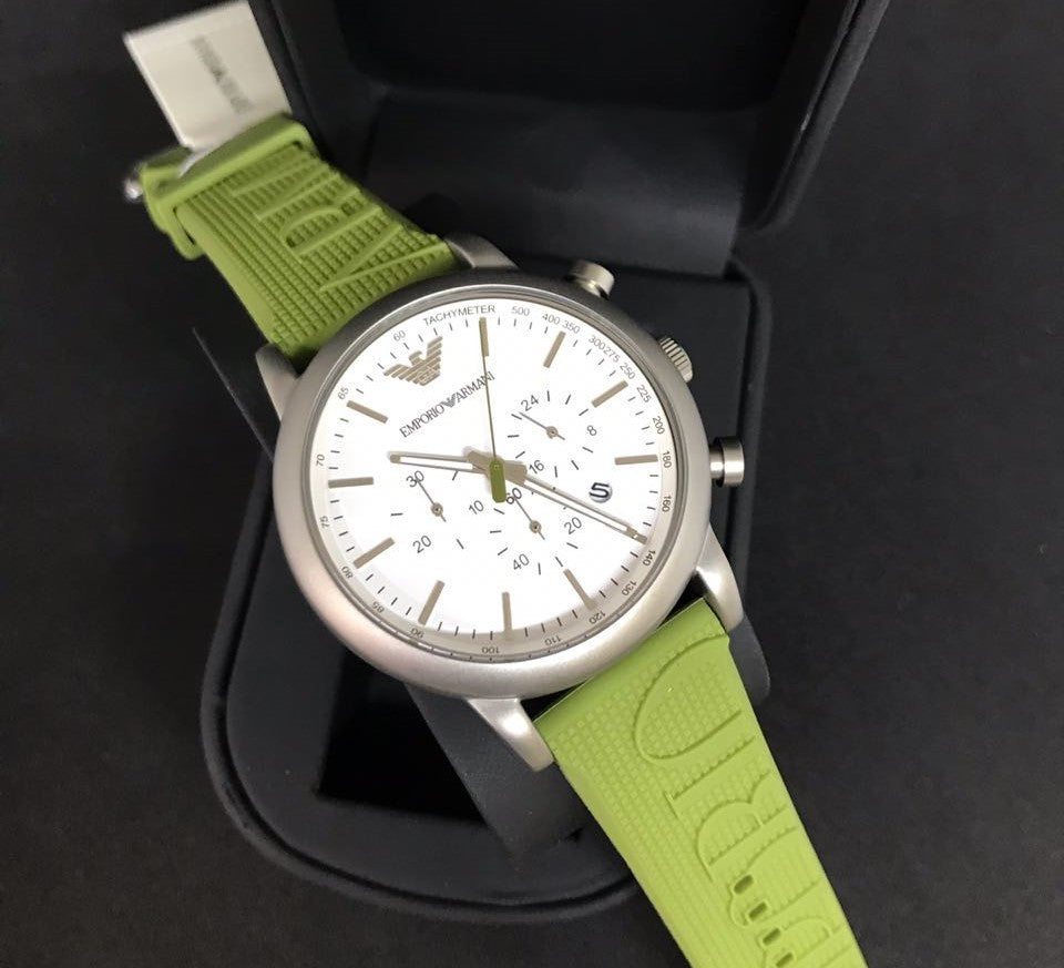  Shop Authentic Emporio Armani Chronograph White Dial Green Rubber Strap Watch For Men - AR11022 - Luxxuri