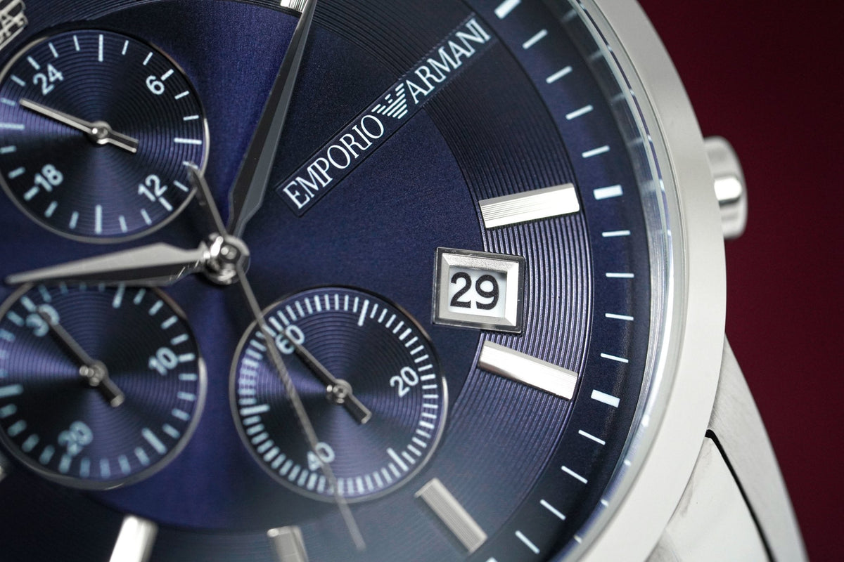  Shop Authentic Emporio Armani Renato Chronograph Blue Dial Silver Steel Strap Watch For Men - AR11164 - Luxxuri