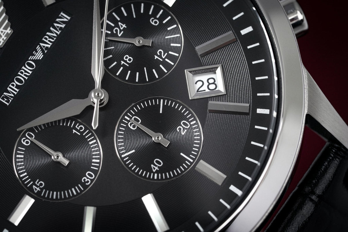  Shop Authentic Emporio Armani Renato Chronograph Black Dial Black Leather Strap Watch For Men - AR2447 - Luxxuri