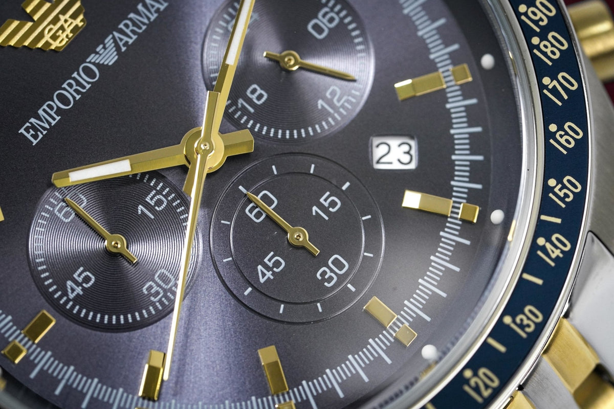  Shop Authentic Emporio Armani Tazio Chronograph Blue Dial Two Tone Stainless Steel Watch For Men - AR6088 - Luxxuri