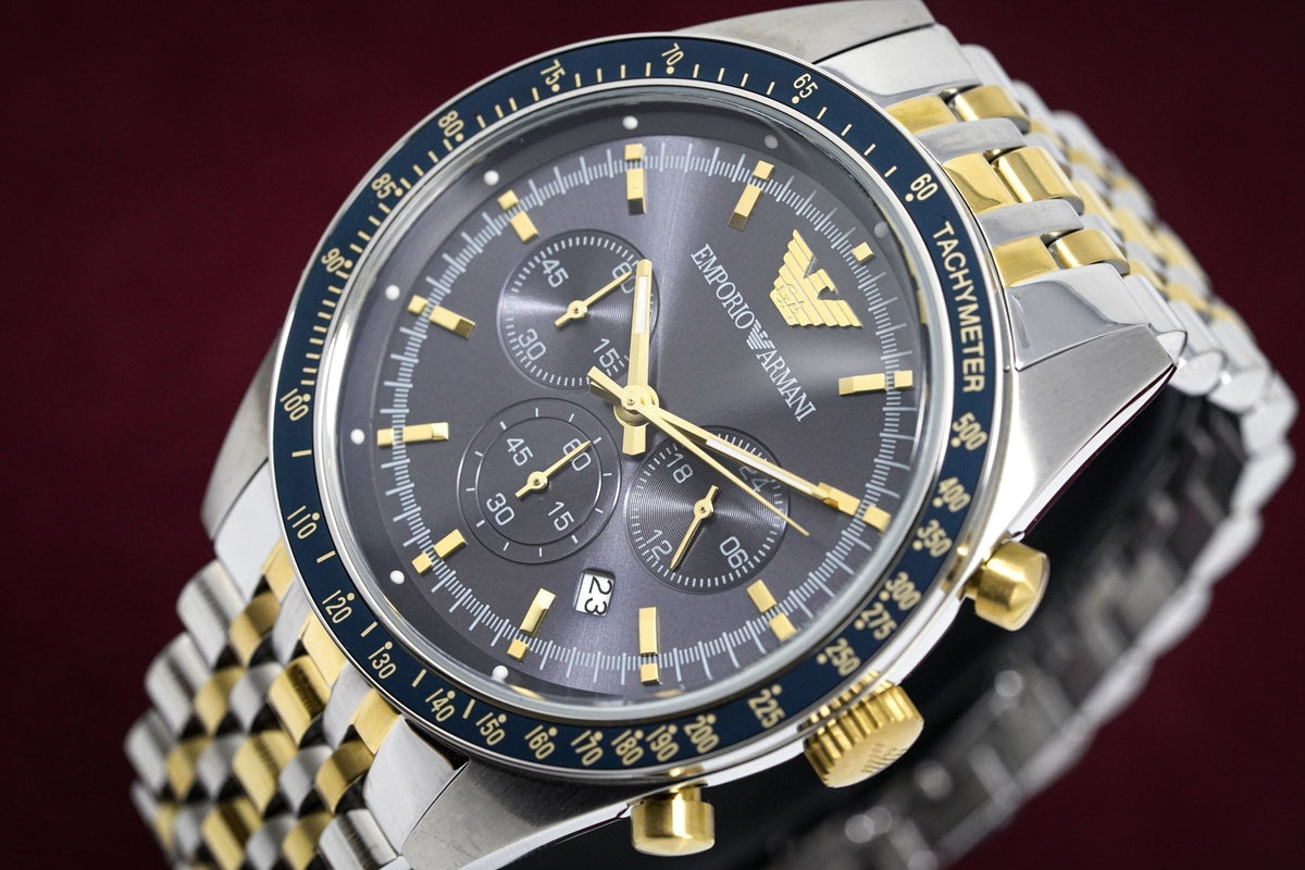  Shop Authentic Emporio Armani Tazio Chronograph Blue Dial Gold & Silver Stainless Steel Strap Watch For Men - AR8030 - Luxxuri