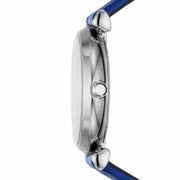  Shop Authentic Emporio Armani Gianni T Bar Quartz Crystals Silver Dial Blue Leather Strap Watch For Women - AR11344 - Luxxuri