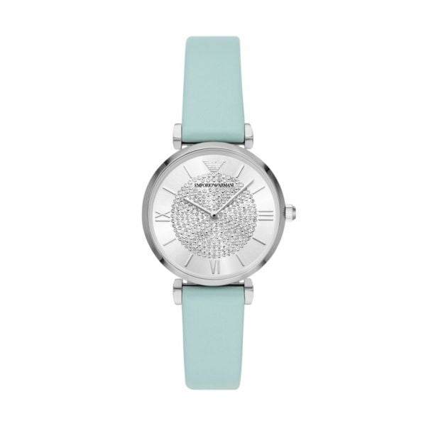  Shop Authentic Emporio Armani Gianni T Bar Analog Crystals Silver Dial Blue Leather Strap Watch For Women - AR11443 - Luxxuri