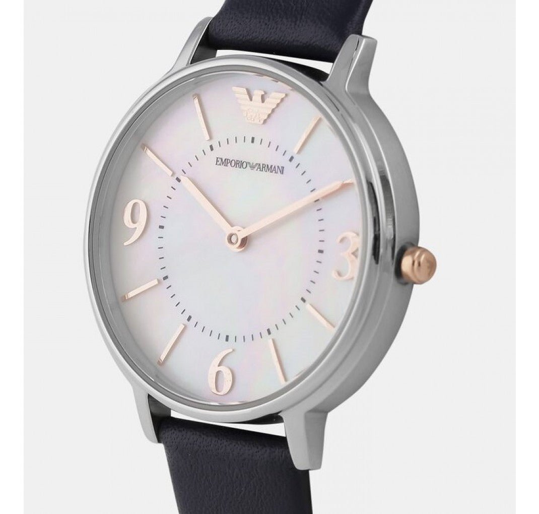  Shop Authentic Emporio Armani Kappa White Mother of Pearl Dial Black Leather Strap Watch For Women - AR2509 - Luxxuri