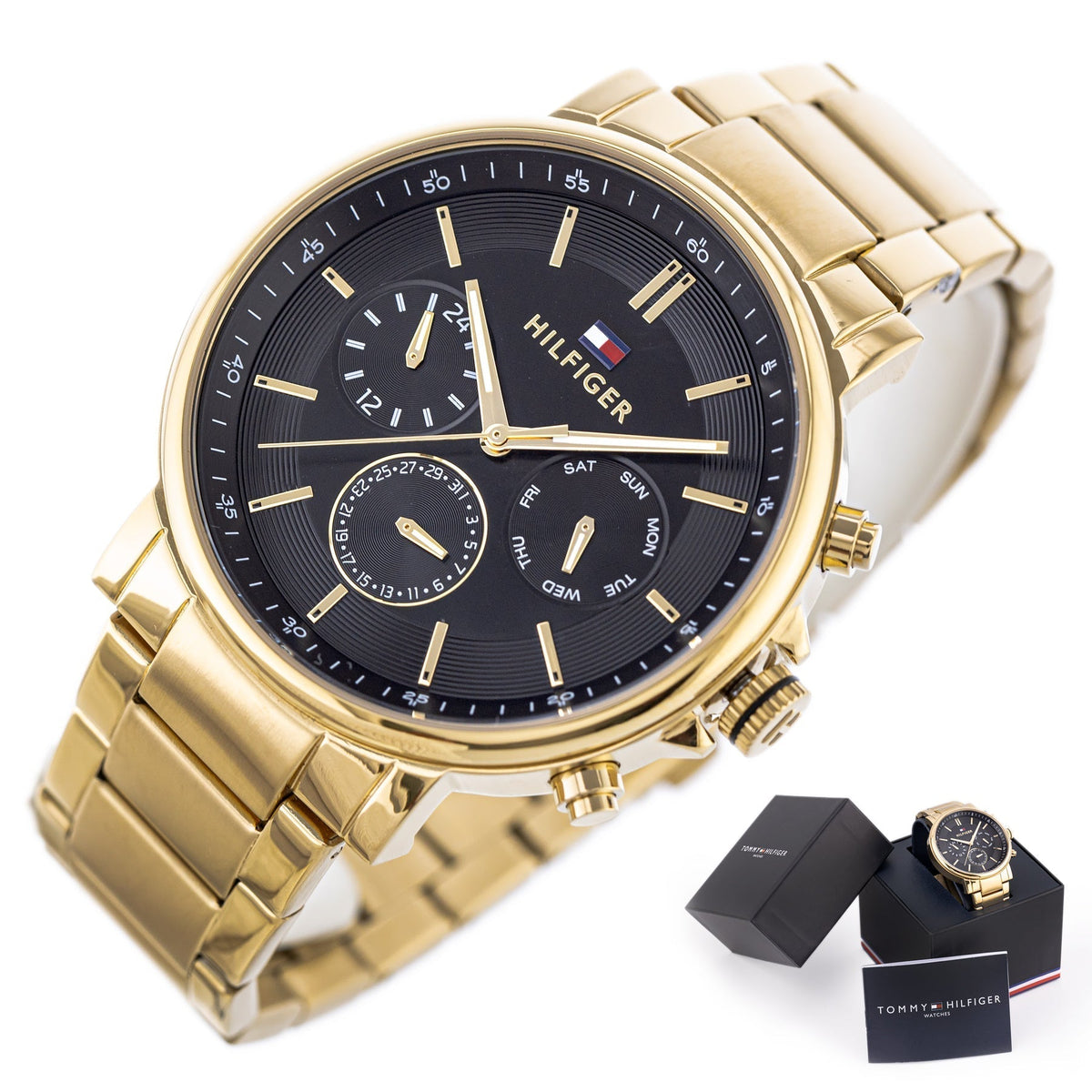  Shop Authentic Tommy Hilfiger Tyson Chronograph Black Dial Gold Steel Strap Watch For Men - 1710589 - Luxxuri