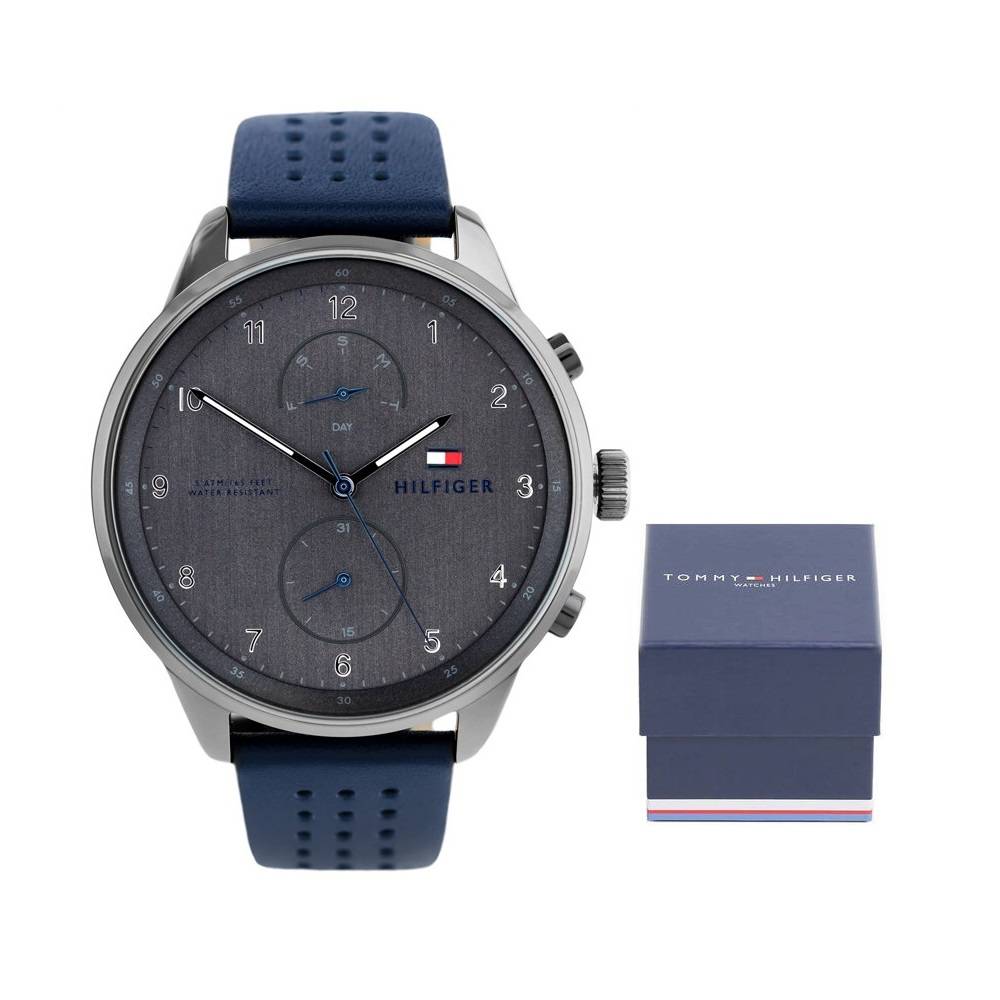  Shop Authentic Tommy Hilfiger Chase Grey Dial Blue Leather Strap Watch for Men - 1791578 - Luxxuri