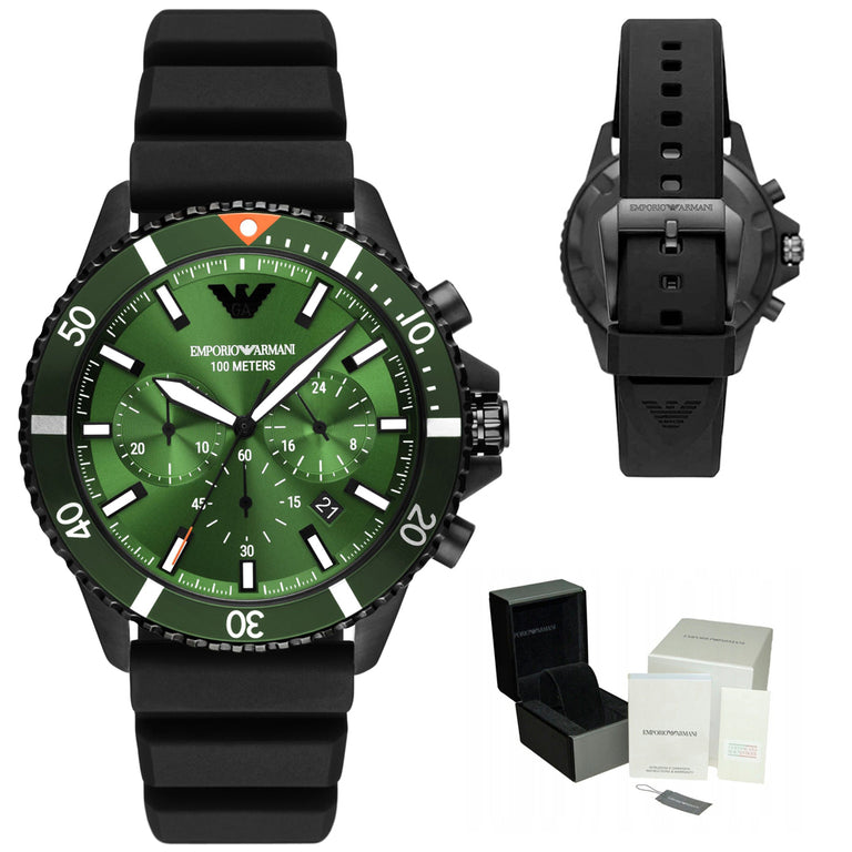  Shop Authentic Emporio Armani Diver Chronograph Quartz Green Dial Black Silicon Strap Watch For Men - AR11463 - Luxxuri