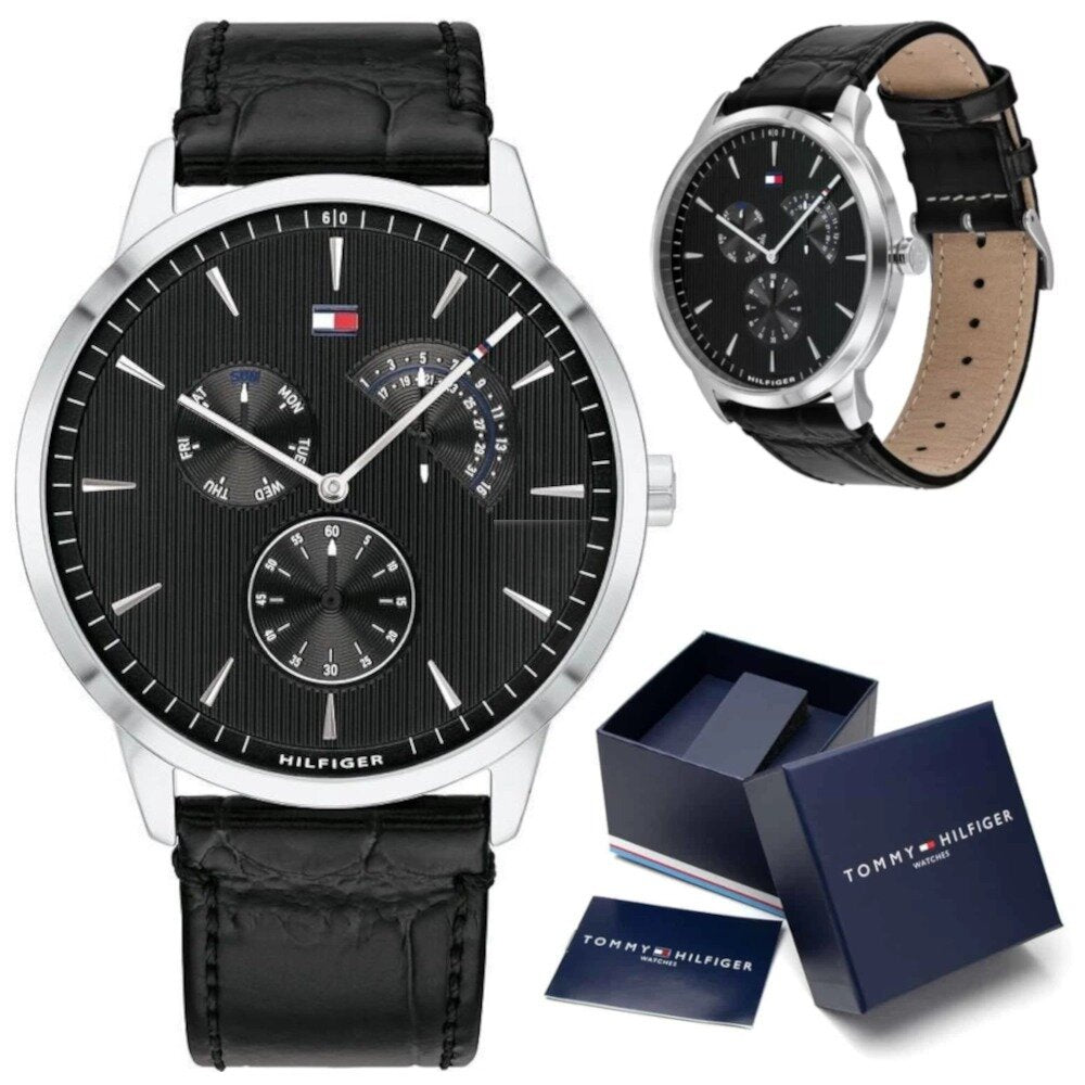  Shop Authentic Tommy Hilfiger Brad Chronograph Black Dial Black Leather Strap Watch For Men - 1710391 - Luxxuri