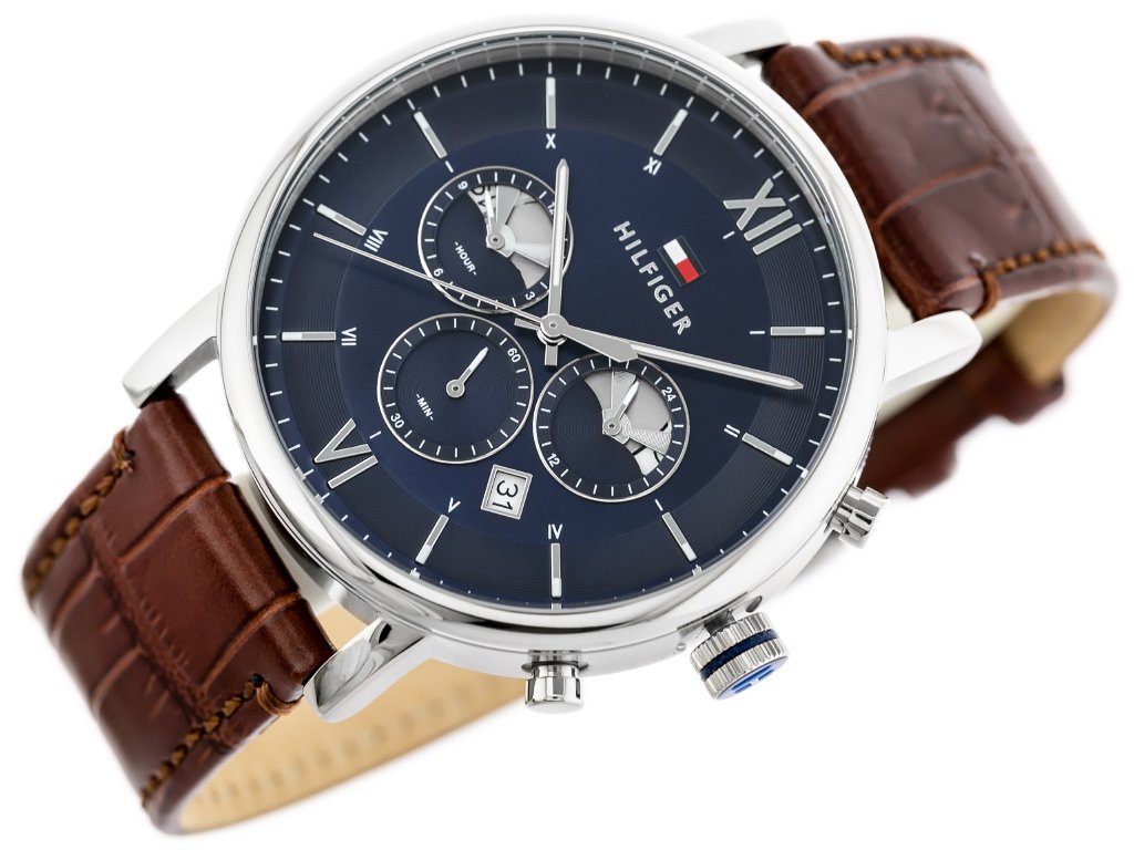  Shop Authentic Tommy Hilfiger Evan Chronograph Blue Dial Brown Leather Strap Watch for Men - 1710393 - Luxxuri