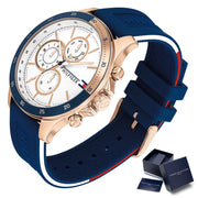  Shop Authentic Tommy Hilfiger Bank Multifunction Quartz White Dial Blue Rubber Strap Watch for Men - 1791778 - Luxxuri