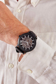  Shop Authentic Emporio Armani Meccanico Automatic Black Dial Black Leather Strap Watch For Men - AR60042 - Luxxuri