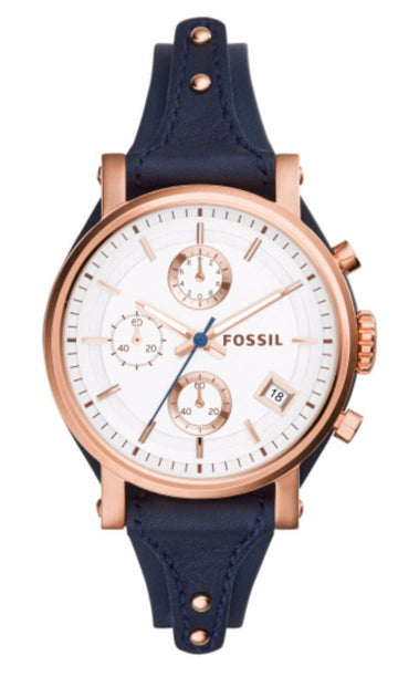  Shop Authentic Fossil Original Boyfriend Chronograph White Dial Navy Blue Leather Strap Watch for Women - ES3838 - Luxxuri
