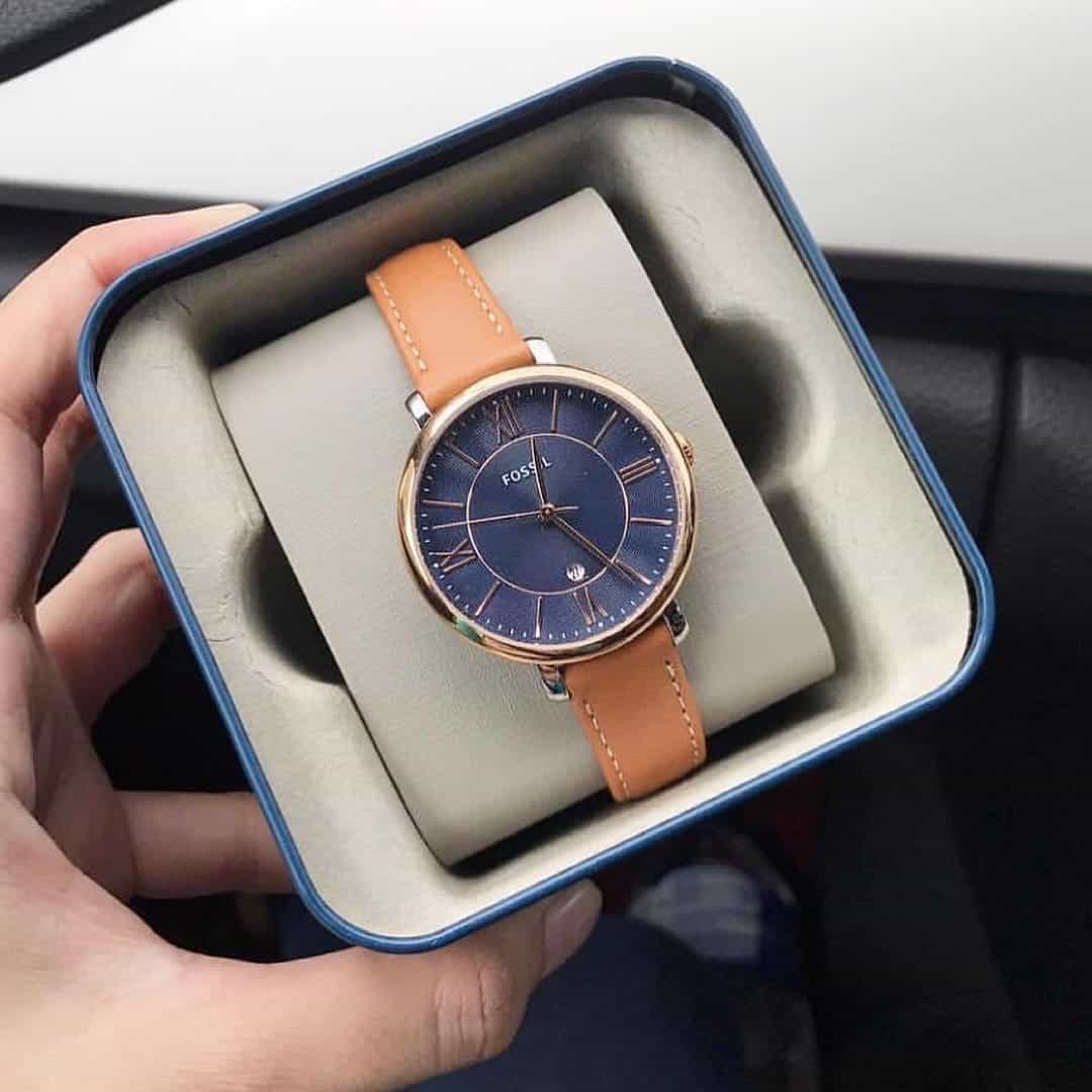  Shop Authentic Fossil Jacqueline Three Hand Date Luggage Blue Dial Brown Leather Strap Watch for Women - ES4274 - Luxxuri