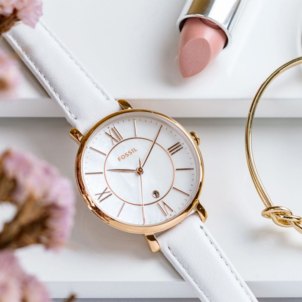  Shop Authentic Fossil Jacqueline Quartz Mother of Pearl White Dial White Leather Strap Watch for Women - ES4579 - Luxxuri
