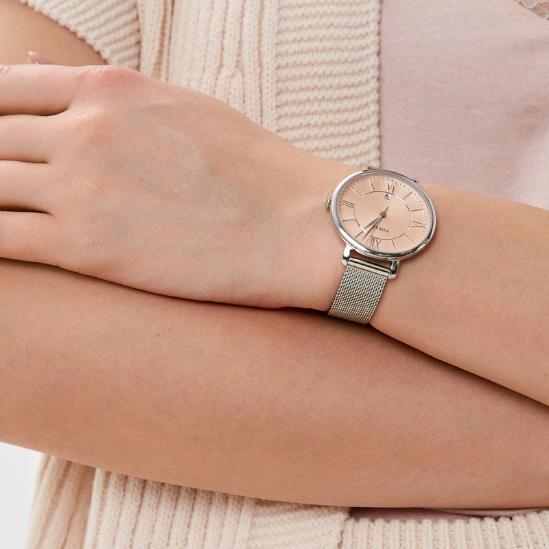 Shop Authentic Fossil Jacqueline Three Hand Pink Dial Silver Mesh Strap Watch for Women - ES5089 - Luxxuri