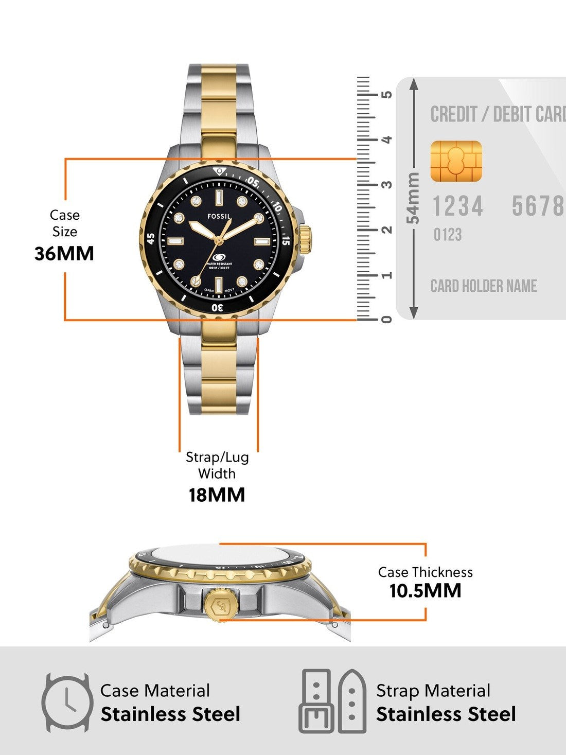  Shop Authentic Fossil Blue Dive Three Hand Black Dial Two Tone Steel Strap Watch For Women - ES5349 - Luxxuri