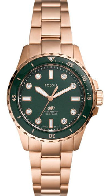  Shop Authentic Fossil Blue Dive Three Hand Green Dial Rose Gold Steel Strap Watch For Women - ES5371 - Luxxuri