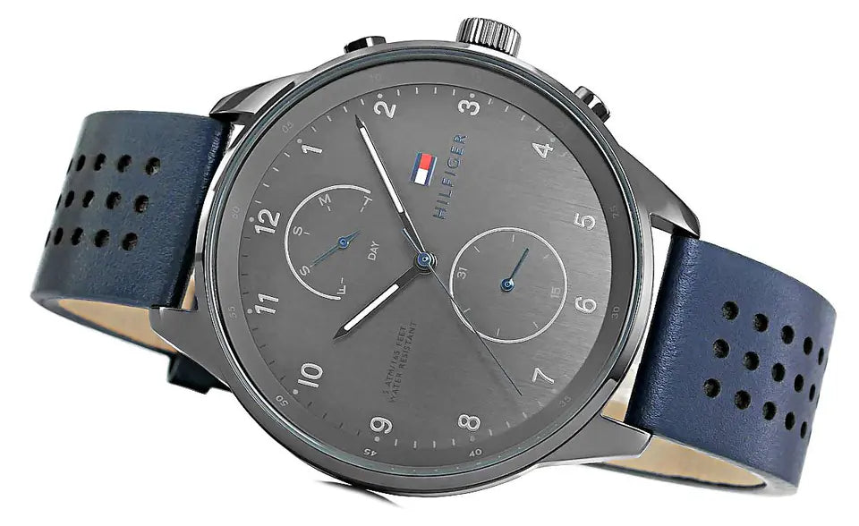  Shop Authentic Tommy Hilfiger Chase Grey Dial Blue Leather Strap Watch for Men - 1791578 - Luxxuri