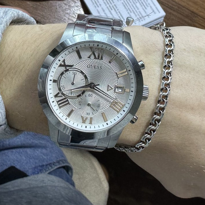  Shop Authentic Guess Atlas Chronograph Silver Dial Silver Steel Strap Watch For Men - W0668G7 - Luxxuri