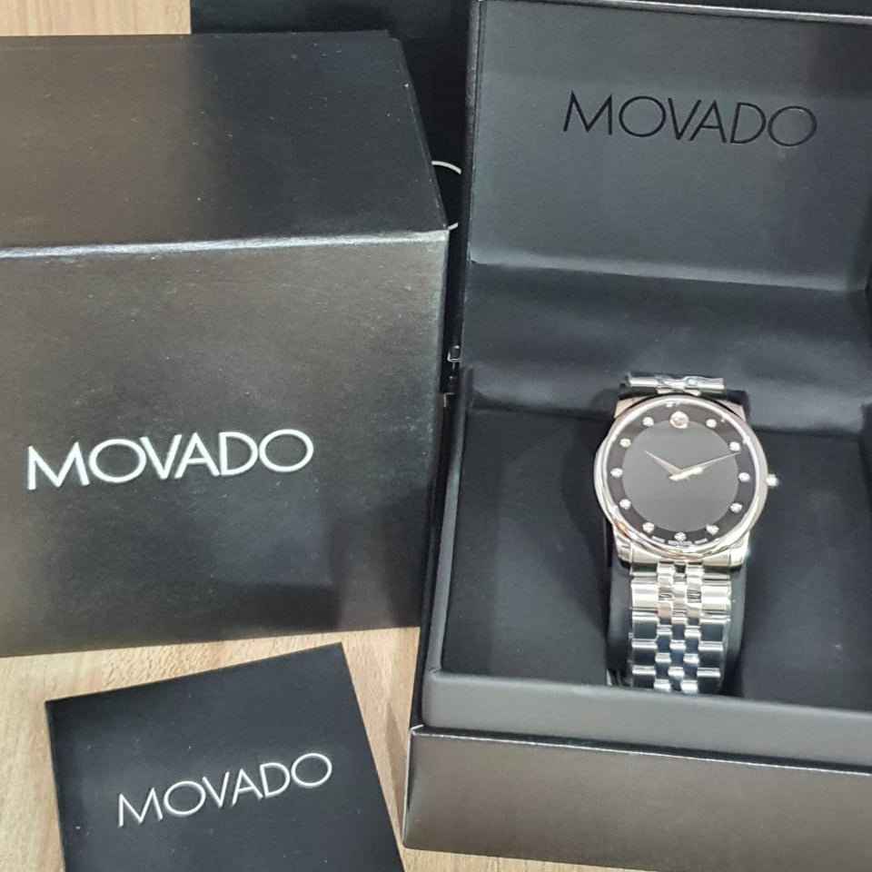  Shop Authentic Movado Museum Diamonds Black Dial Silver Steel Strap Watch For Men - 606878 - Luxxuri