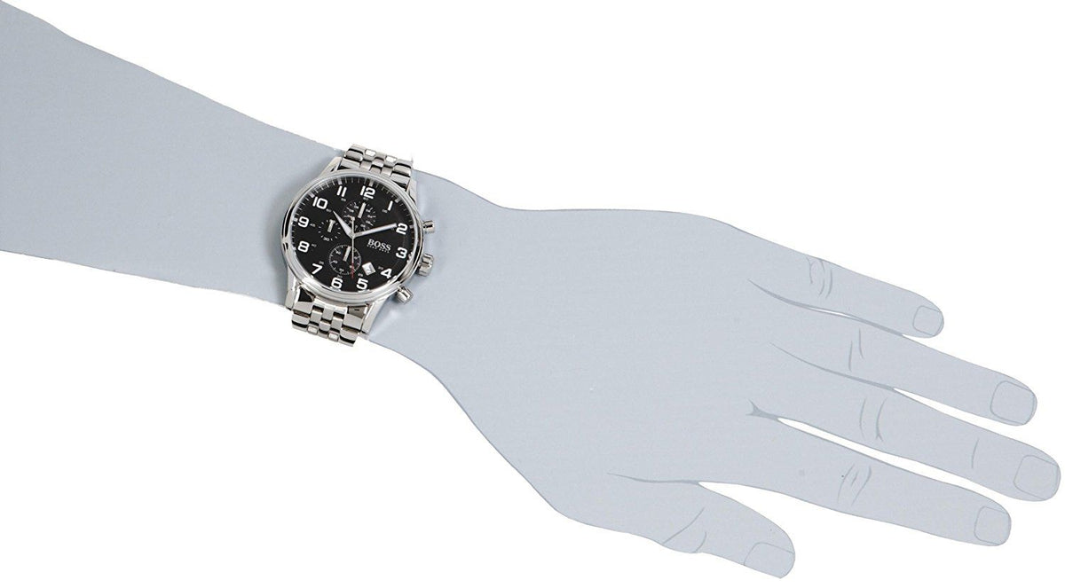  Shop Authentic Hugo Boss Aeroliner Chronograph Quartz Black Dial Silver Steel Strap Watch For Men - HB1512446 - Luxxuri