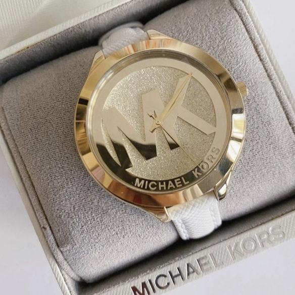  Shop Authentic Michael Kors Slim Runway Quartz Gold Dial White Leather Strap Watch For Women - MK2389 - Luxxuri