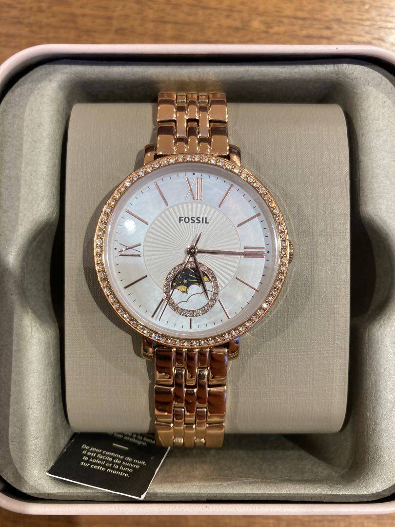  Shop Authentic Fossil Jacqueline Analog Moonphase Mother of Pearl White Dial Rose Gold Steel Strap Watch for Women - ES5165 - Luxxuri