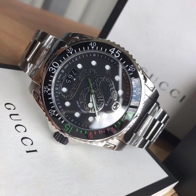  Shop Authentic Gucci Dive Snake Black Dial Silver Steel Strap Watch For Men - YA136218 - Luxxuri