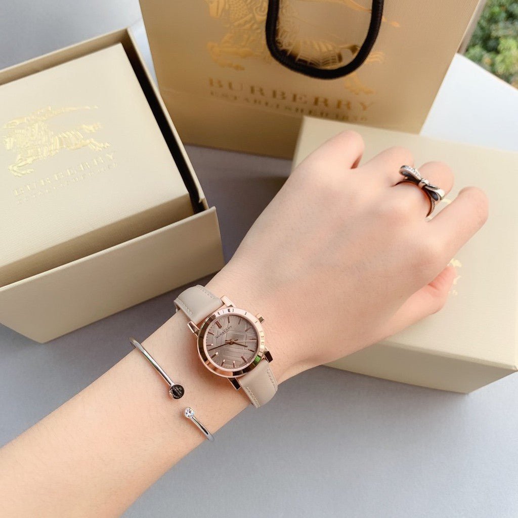  Shop Authentic Burberry The City Beige Dial Beige Leather Strap Watch for Women - BU9207 - Luxxuri