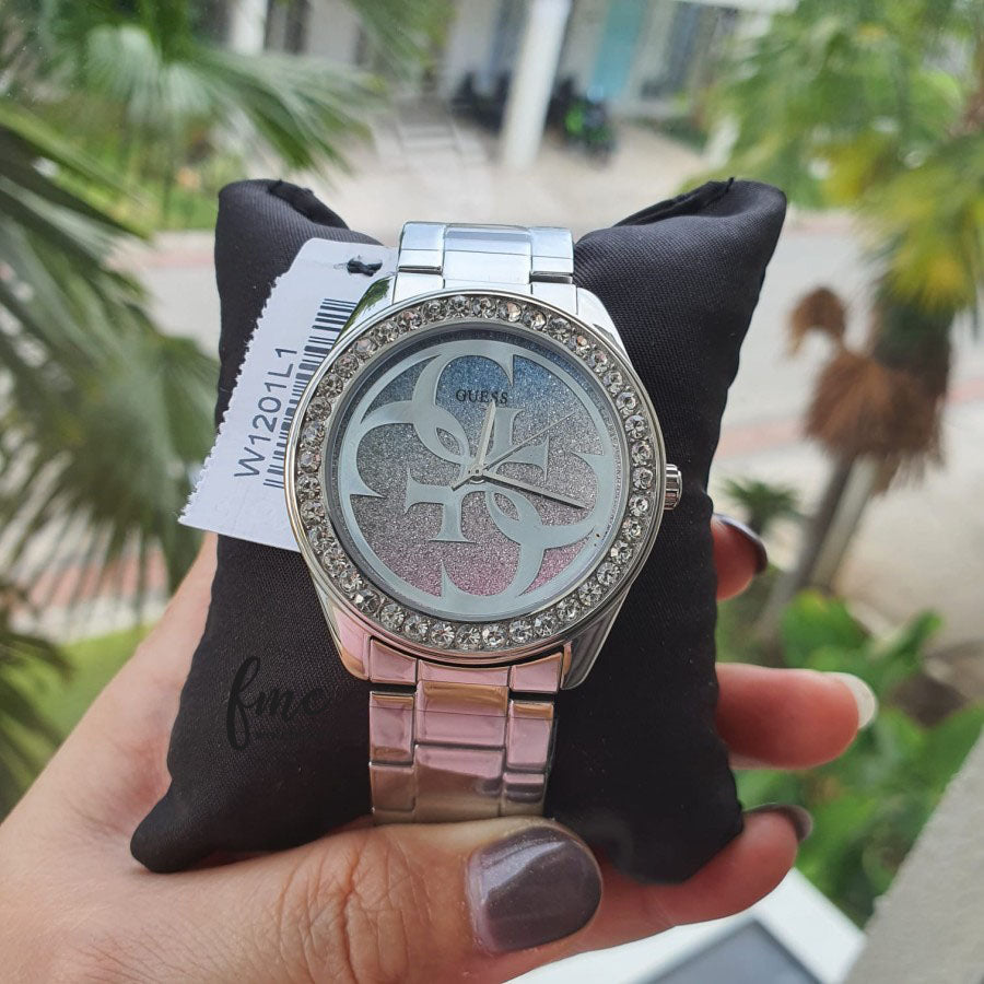  Shop Authentic Guess G Twist Diamonds Purple Dial Black Steel Strap Watch For Women - W1201L4 - Luxxuri