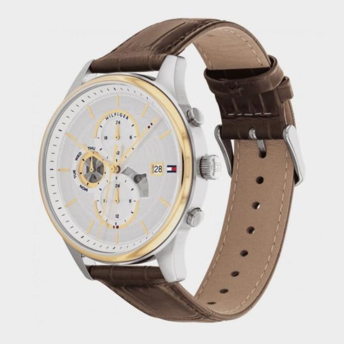 Shop Authentic Tommy Hilfiger Weston Chronograph Silver Dial Brown Leather Strap Watch For Men - 1710501 - Luxxuri