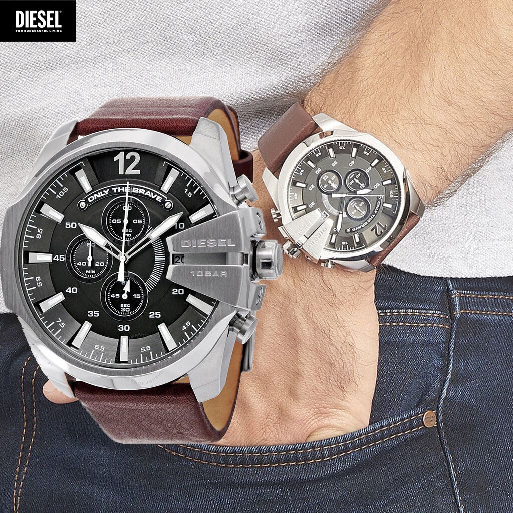  Shop Authentic Diesel Mega Chief Black & Silver Round Dial Brown Leather Strap Watch For Men - DZ4290 - Luxxuri