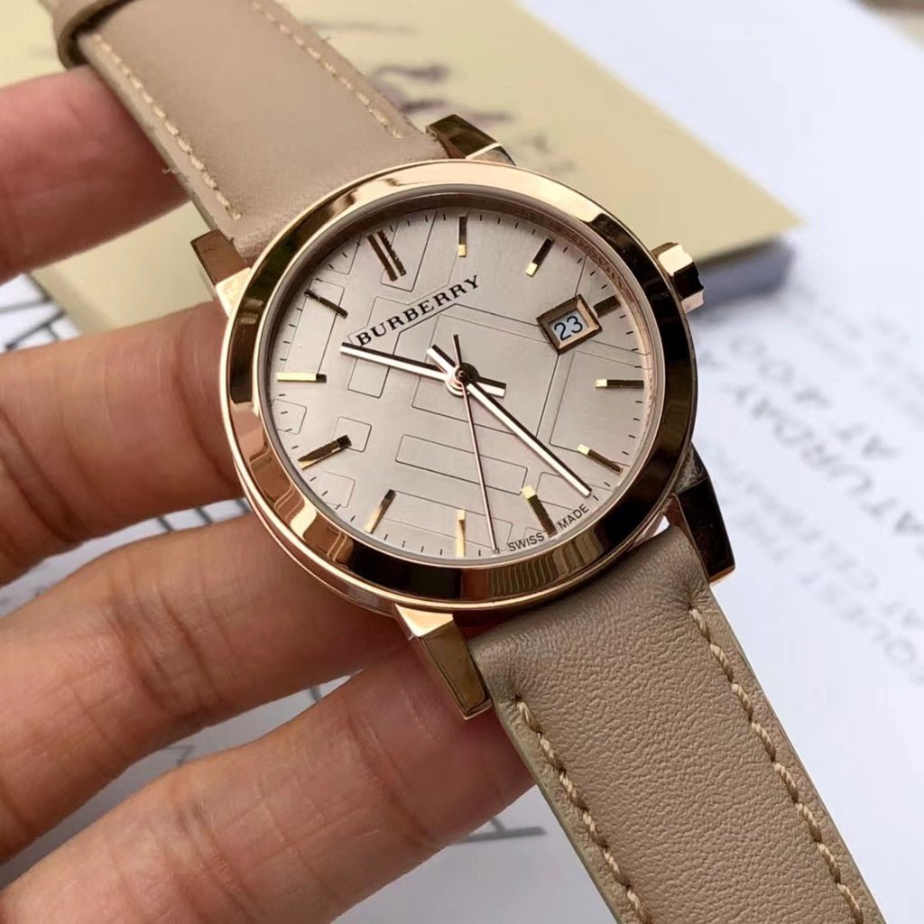  Shop Authentic Burberry The City Beige Dial Beige Leather Strap Watch for Women - BU9109 - Luxxuri